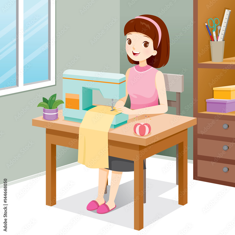 Woman Sewing Clothes By Sewing Machine, Needlework, Tailor, Handmade, Dressmaking, Hobby, Profession, Occupation Woman Sewing Clothes By Sewing Machine, Needlework, Tailor, Handmade, Dressmaking, Hobby, Profession, Occupation