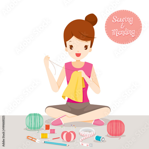 Woman Sewing And Mending Clothes By Hand, Needlework, Tailor, Handmade, Dressmaking, Hobby, Profession, Occupation