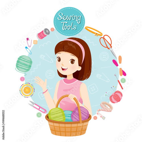 Woman With Knitting Wool In Basket And Sewing Kits Set, Needlework, Tailor, Handmade, Dressmaking, Hobby, Profession, Occupation