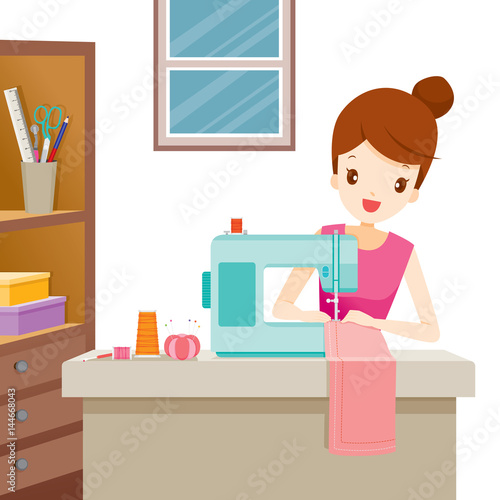 Woman Sewing Clothes By Sewing Machine, Needlework, Tailor, Handmade, Dressmaking, Hobby, Profession, Occupation