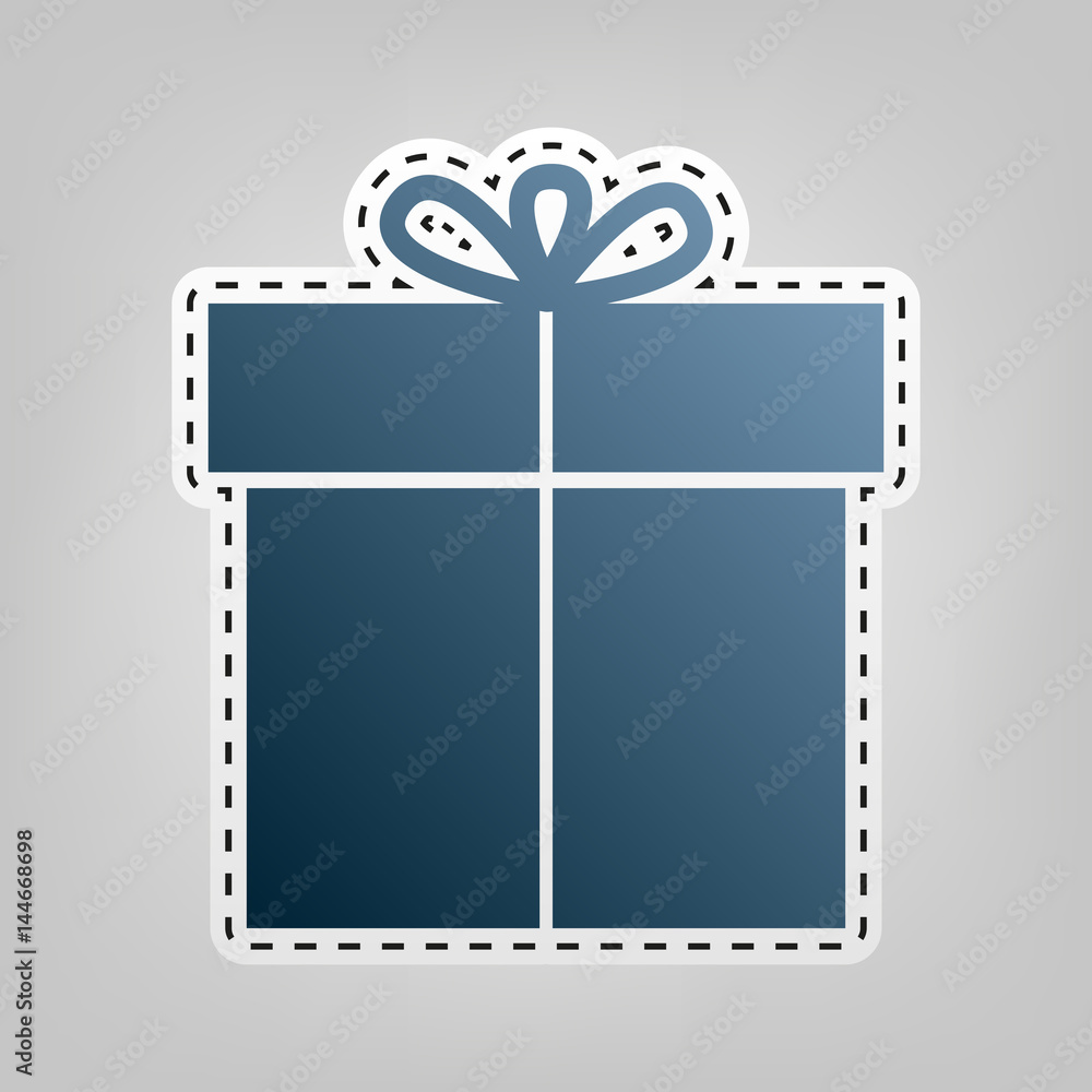 Gift sign. Vector. Blue icon with outline for cutting out at gray background.