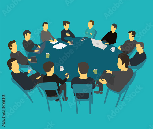 Round big table talks brainstorm. Team business people meeting conference many people. Blue background stock illustration vector