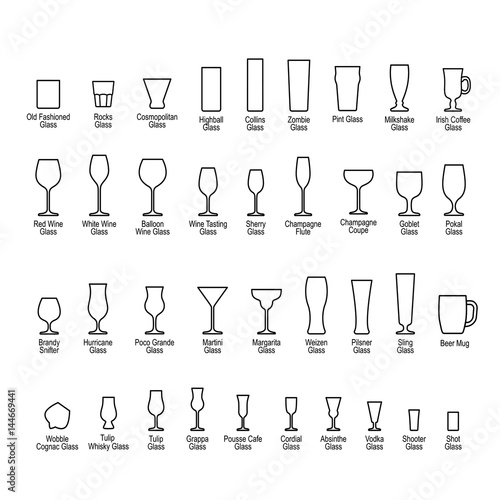 Glasses with names, line icons set. Vector illustration