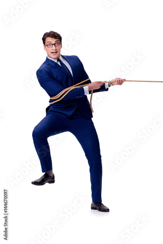 Businessman caught with rope lasso isolated on white