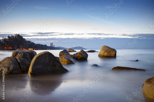 beautiful sea scape sun rising sky at lan hin khaow mae rumphung beach rayong eastern of thailand photo