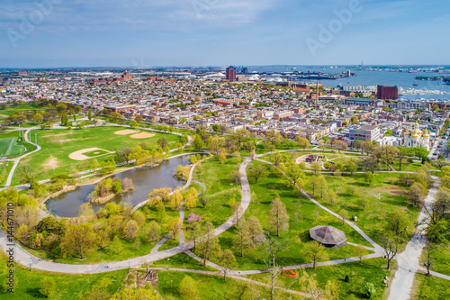 Aerial view of the pond at Patterson Park and Canton, in Baltimore, Maryland.