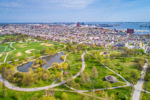 Aerial view of the pond at Patterson Park and Canton, in Baltimore, Maryland. photo
