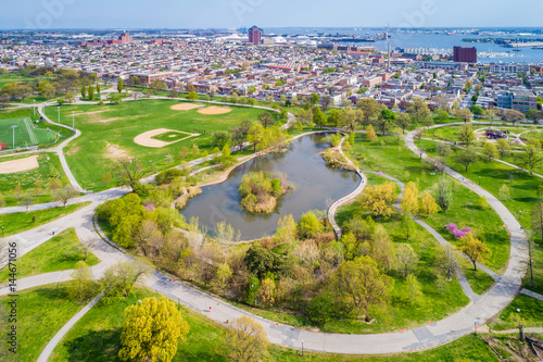 Aerial view of the pond at Patterson Park and Canton, in Baltimore, Maryland. photo
