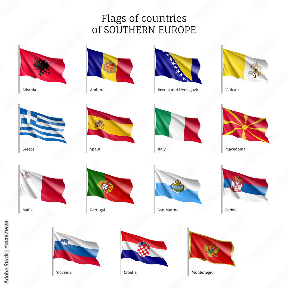 Set of waving flags of European countries: Bosnia-Herzegovina, Croatia and Macedonia, Montenegro and Portugal. 15 ensigns on flagpole of Southern Europe states. Vector isolated icons