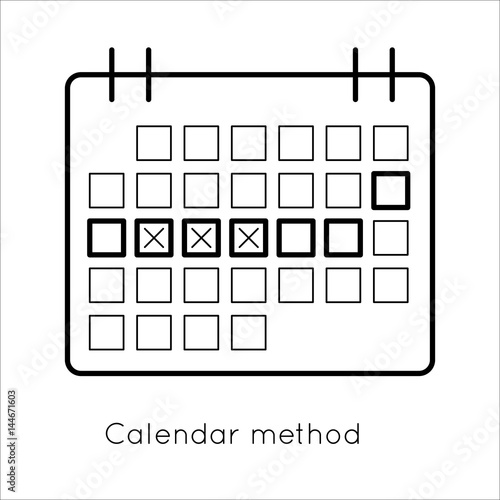 Contraception method - ovulation calendar with marks days. Menstruation period. Menstrual cycle icon. Medical birth control. Planning pregnancy. Flat vector illustration isolated on white background