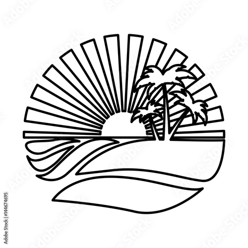 Silhouette Circular Background Sunset In The Ocean With Beach And Palms Vector Illustration Stock Vector Adobe Stock
