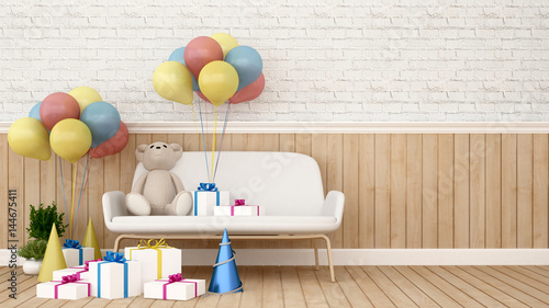 Bear on sofa with balloon and gift  in kid room - 3D Rendering photo