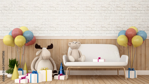 reindeer doll with Bear doll on sofa and balloon in kid room - 3D Rendering photo