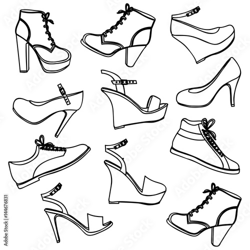 monochrome background with set of male and female shoes vector illustration
