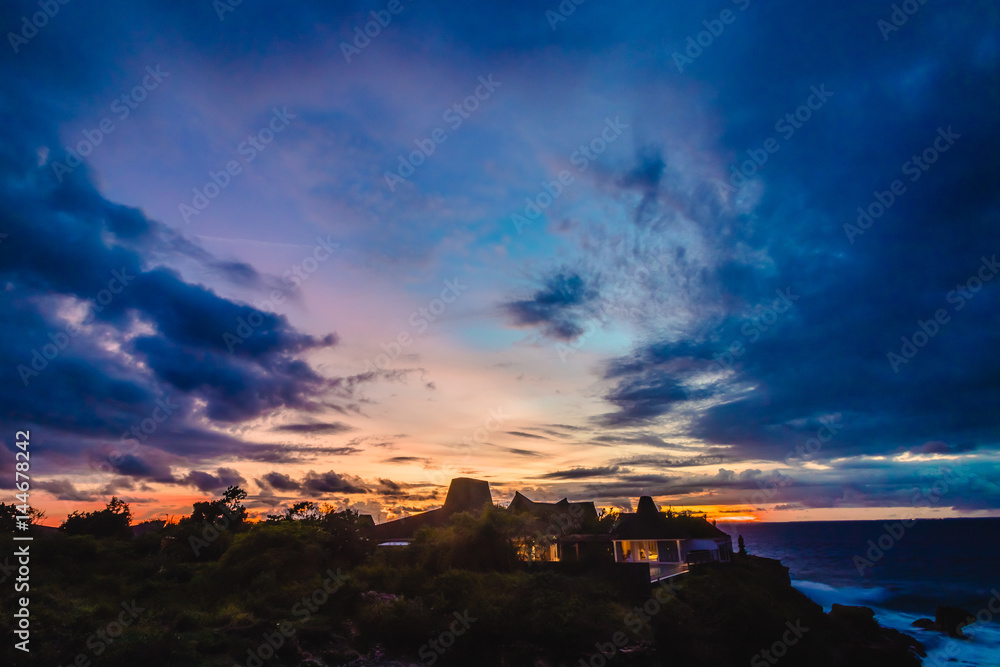 Panorama of awesome tropical sunset at Nusa Lembongan island, Bali, Indonesia.