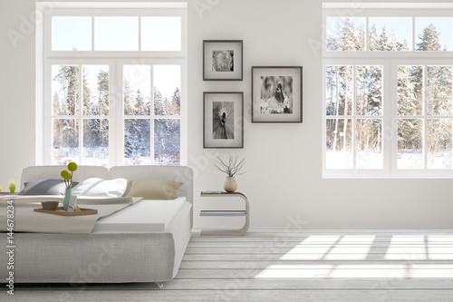 Fototapeta Naklejka Na Ścianę i Meble -  White bedroom with winter landscape in window. Scandinavian interior design. 3D illustration