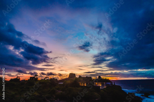 Panorama of awesome tropical sunset at Nusa Lembongan island, Bali, Indonesia.