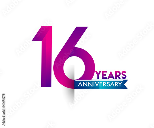sixteen years anniversary celebration logotype colorful design with blue ribbon, 16th birthday logo on white background photo