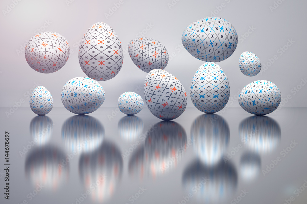 Illustration of a set of Easter eggs with subtle geometric patterns over the reflective surface in pastel colors. Digitally generated image. Illustration of a set of Easter eggs with subtle geometric patterns over the reflective surface in pastel colors. Digitally generated image.