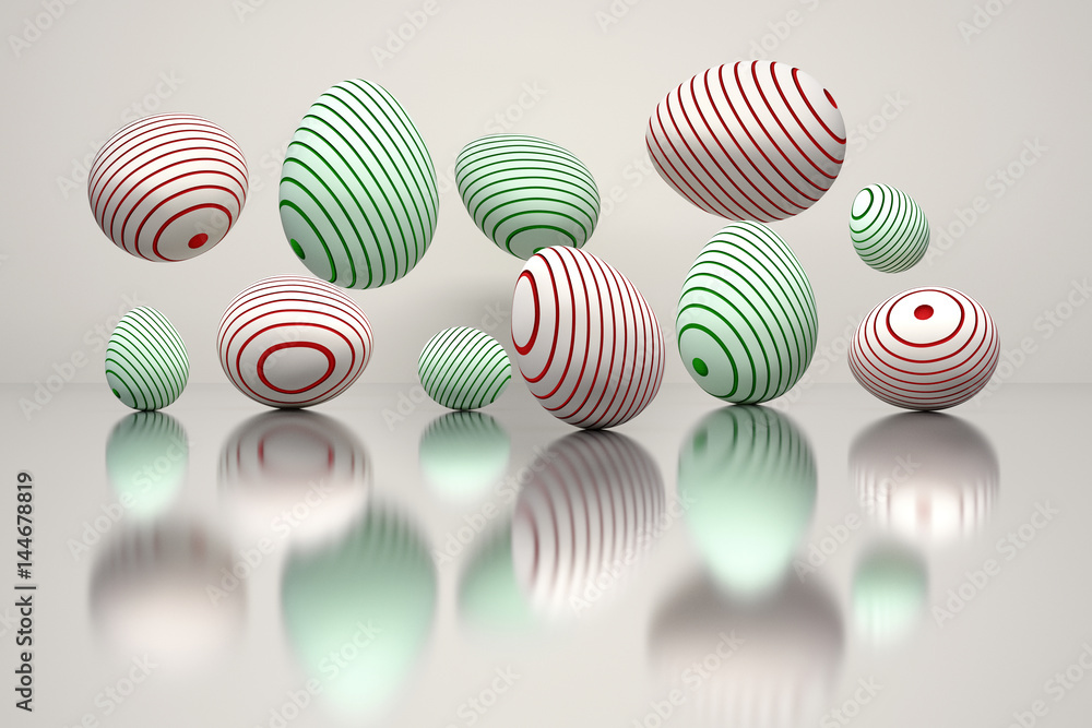Fototapeta premium Illustration of a set of Easter eggs with red and green round grooves over the white reflective surface. Digitally generated image.