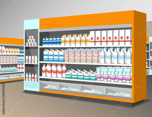 Milk products shelf in the store.