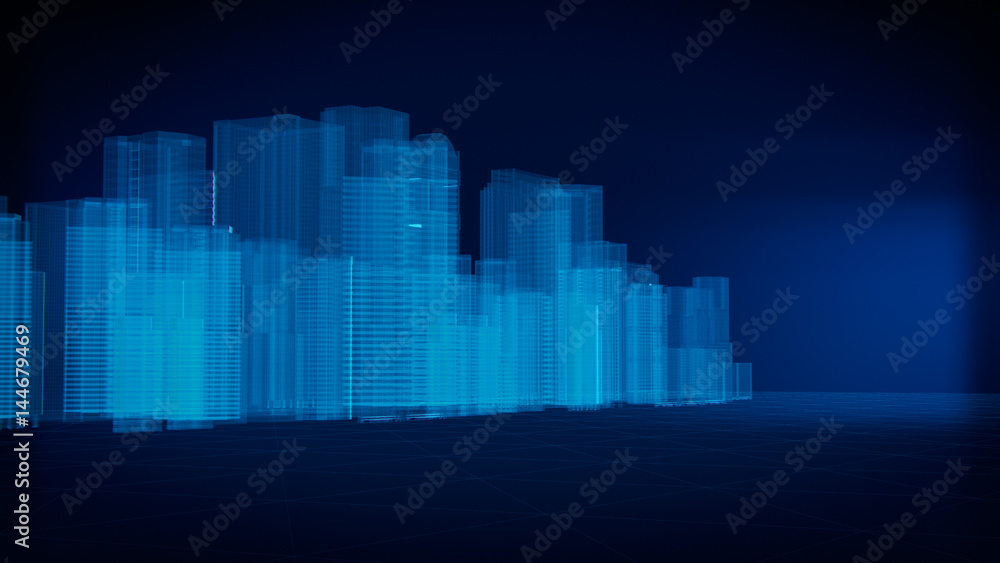 3D render of city x-ray blue transparent on dark background.
