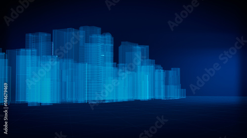 3D render of city x-ray blue transparent on dark background.  