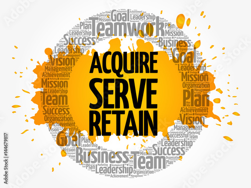 Acquire, Serve and Retain circle word cloud, business concept