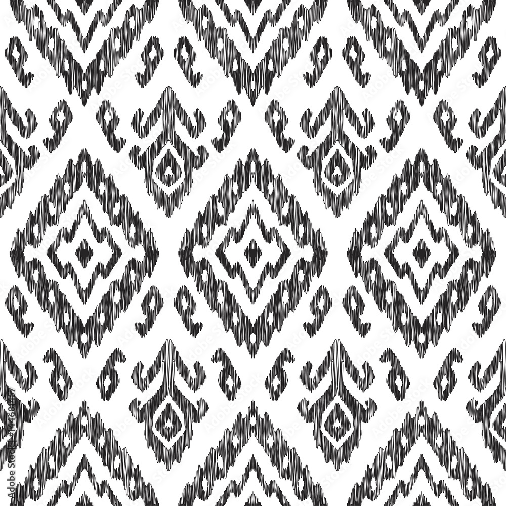 Vector illustration of the black and white colored ikat ornamental seamless pattern. Scribble texture. Design in modern ethic style.