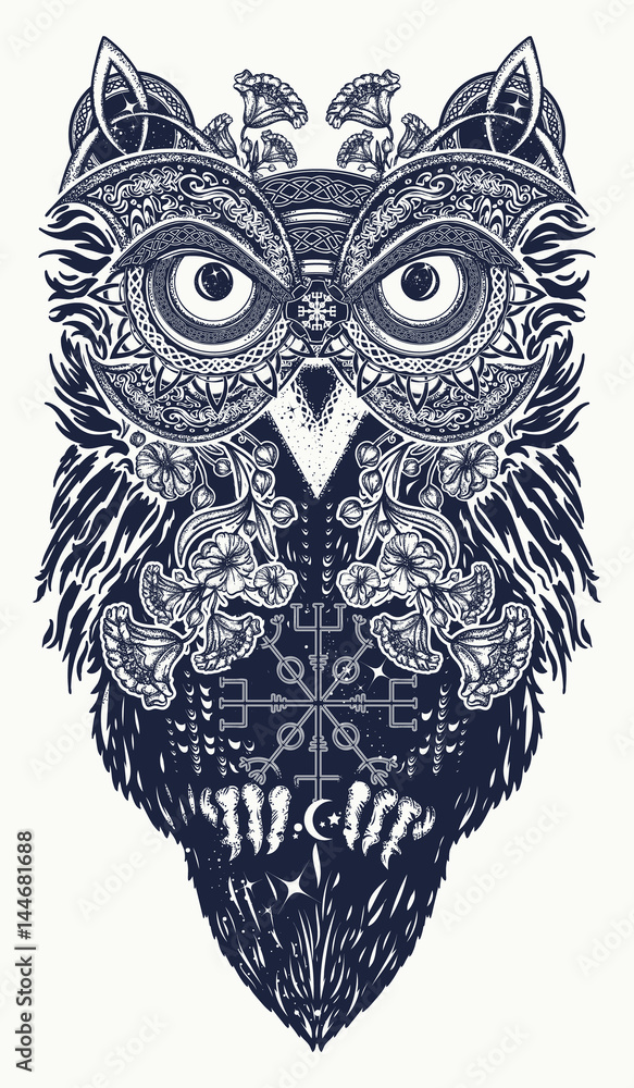 Naklejka premium Owl tattoo art. Owl in ethnic celtic style t-shirt design