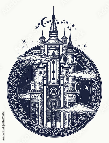 Medieval castle tattoo art. Symbol of the fairy tale, dream, magic. Medieval castle t-shirt design