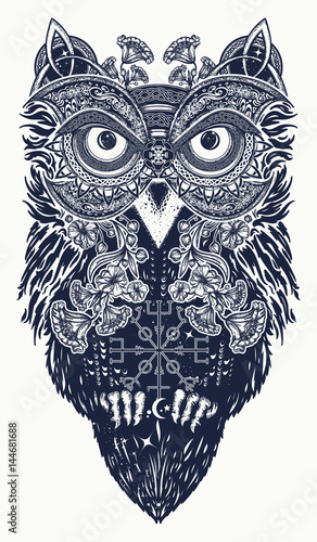 Owl tattoo art. Owl in ethnic celtic style t-shirt design