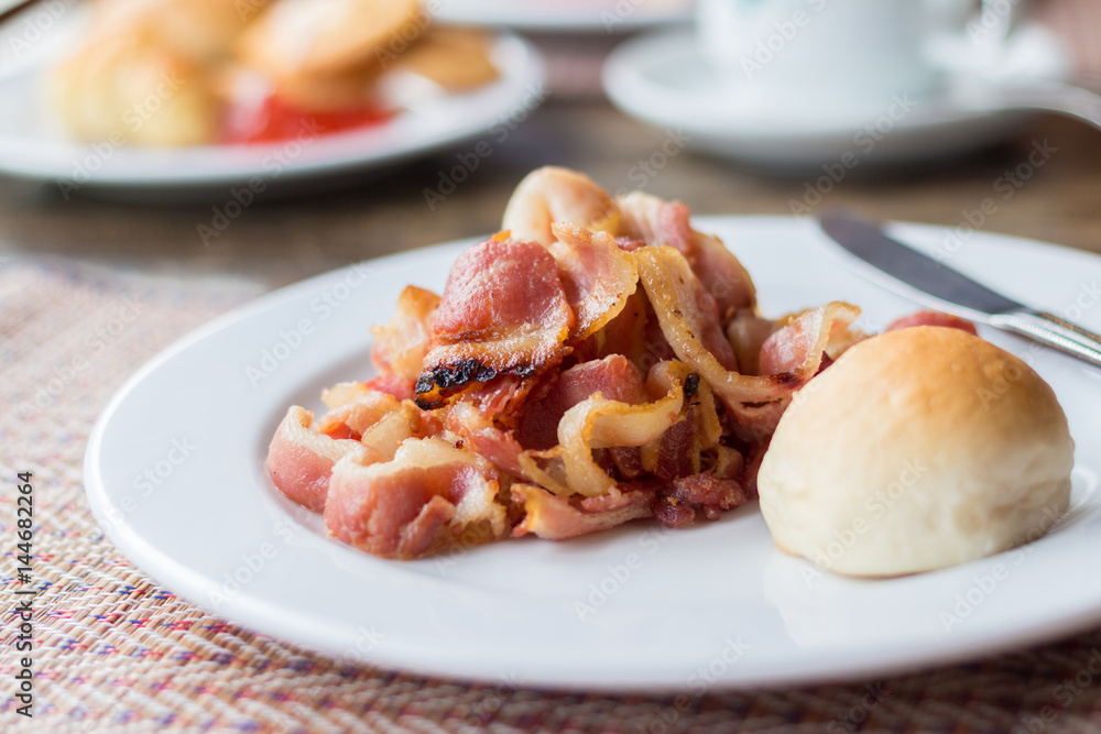fried bacon for breakfast with bread. Homemade healthy food. fried bacon for breakfast with bread. Homemade healthy food.