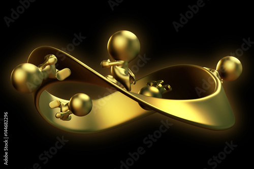 golden 3d characters running along a mobius strip