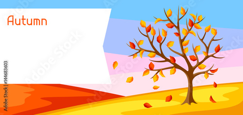 Autumn landscape with tree and yellow leaves. Seasonal illustration