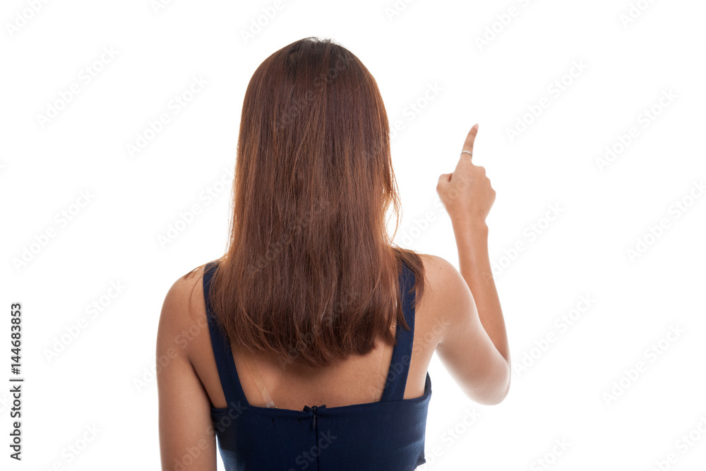 Back of Asian woman touching the screen with her finger. Back of Asian woman touching the screen with her finger.