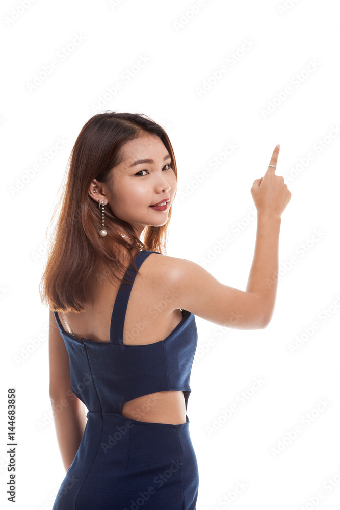 Back of Asian woman touching the screen with her finger. Back of Asian woman touching the screen with her finger.