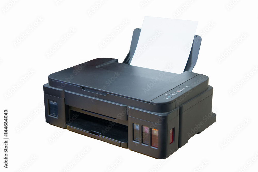 Black printer and white paper isolated on white background Black printer and white paper isolated on white background