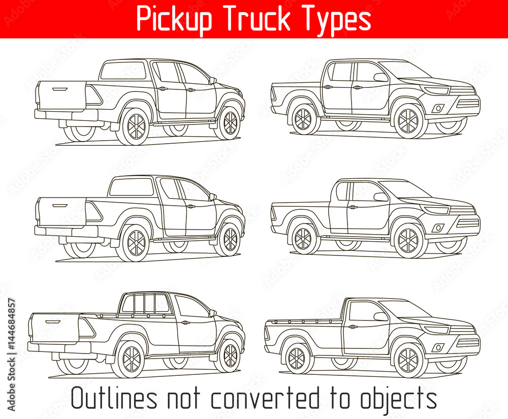 TRUCK pickup types template drawing vector outlines not converted to objects - obrazy, fototapety, plakaty 