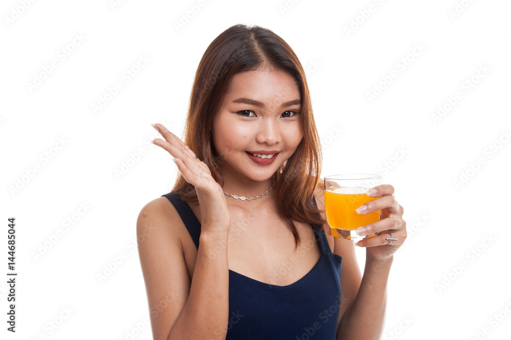 Happy Young Asian woman drink orange juice. Happy Young Asian woman drink orange juice.