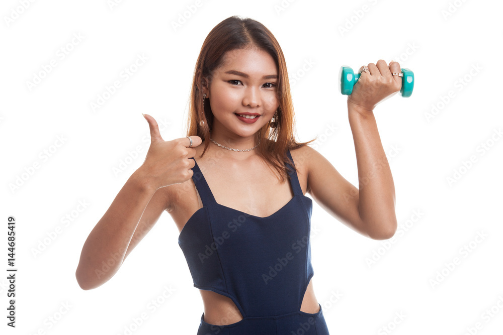 Healthy Asian woman thumbs up with dumbbells. Healthy Asian woman thumbs up with dumbbells.
