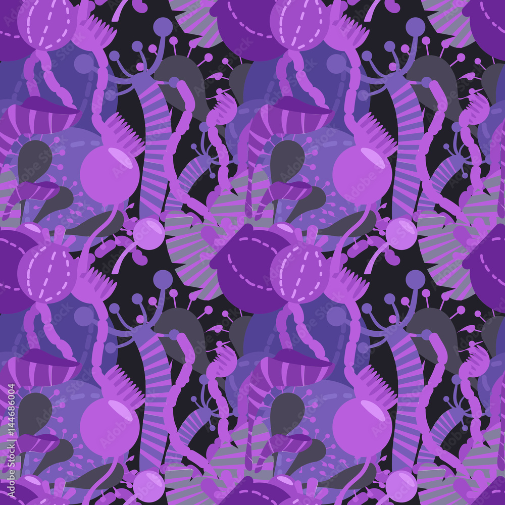 Seamless fantasy pattern. Violet and purple plants on dark background
