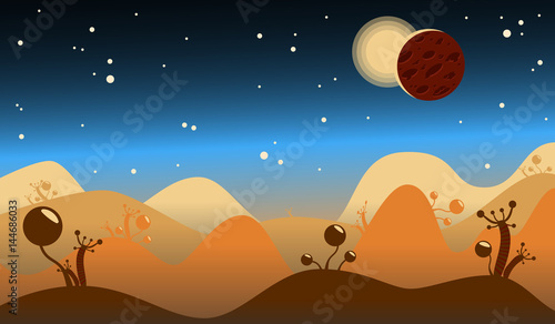 Cosmic landscape vector illustration. Mountains and plants. Blue background. Two planet and starts