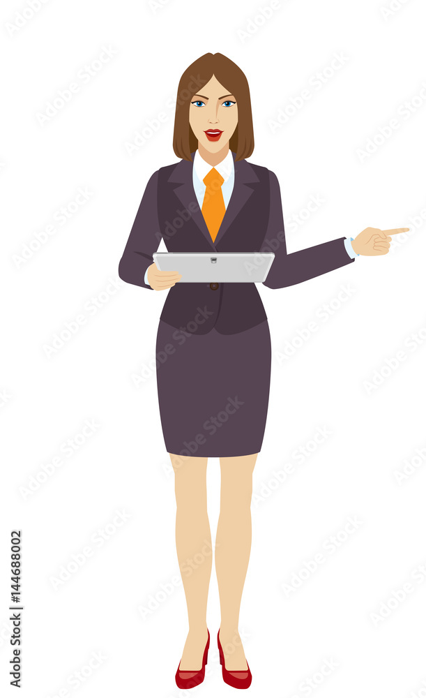 Businesswoman holding a digital tablet PC and pointing something beside of him Businesswoman holding a digital tablet PC and pointing something beside of him