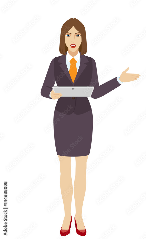 Businesswoman holding a digital tablet PC and showing something beside of him Businesswoman holding a digital tablet PC and showing something beside of him