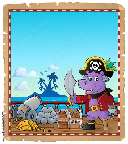 Parchment with pirate hippo on ship
