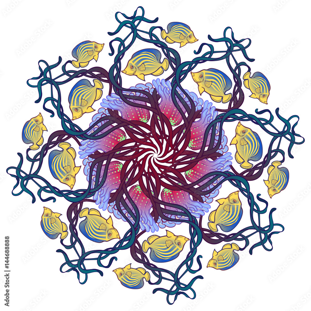 Obraz premium Circular ornament with actinia polyp, seaweed and other sea creatures in Art Nouveau style. Intricate composition, bright colours. Mandala tatoo. Textile print. EPS10 vector illustration.