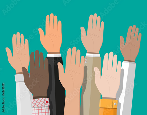 Raised up hands. People vote hands.
