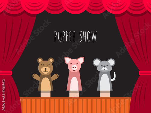 Childrens performance in the puppet theater at the theater with price, curtain and scenery.