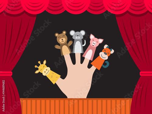 Puppet theater for finger toys animals. Doll is wearing on the fingers of the human hand and all is depicted on the background of a theatre stage curtain